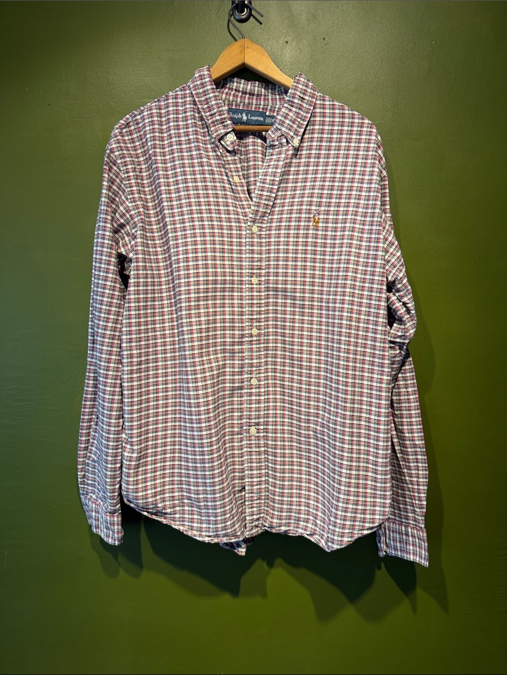 Vintage Ralph Lauren Men's Red and White Plaid Button-Down Shirt